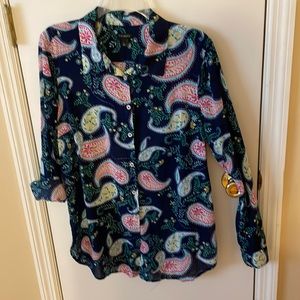 Talbots Navy, Long sleeve button-down shirt. 14.5” from underarm seam to hem.